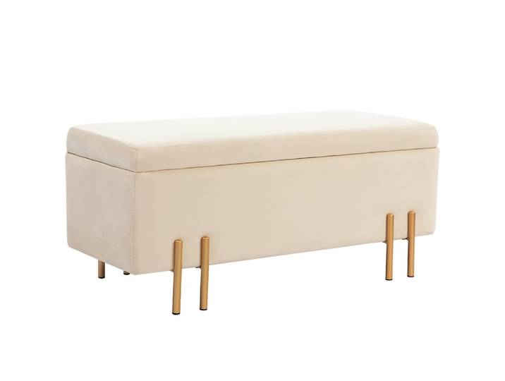 Banquette coffre de rangement velours beige piètement métal doré