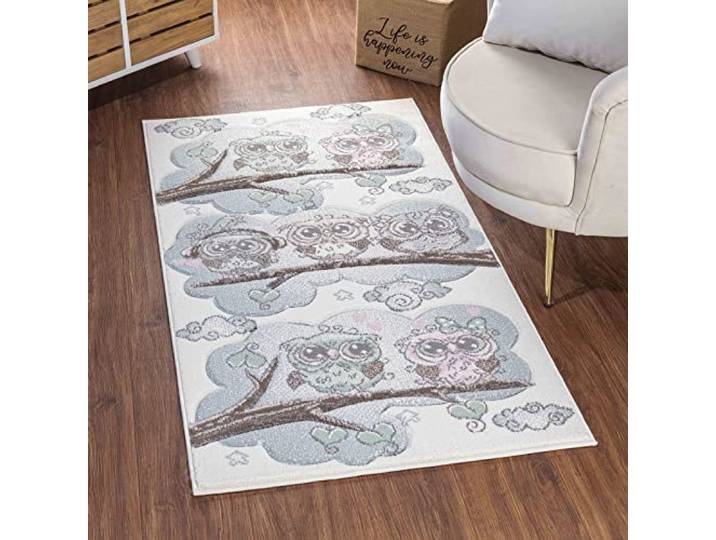 Livabliss Waldtiere Kinderteppich - Cartoon Teppich 160x220 cm, Tier Teppich Kinderzimmer oder Babyzimmer, Krabbelteppich oder Spielteppich - Baby Teppich für Jungen & Mädchen, Beige, Blau und Braun