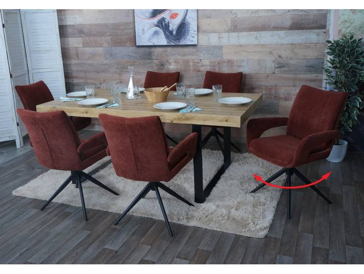 6er-Set Esszimmerstuhl HWC-O78, Küchenstuhl, drehbar Auto-Return, Stoff/Textil Chenille (310g/m²) rotbraun