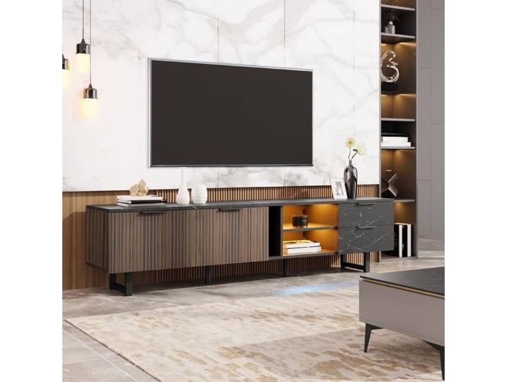 Meuble TV 200 cm LED effet marbre noir bois foncé