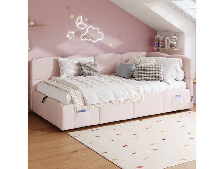 Lit Enfant 90x200 cm - Rembourré - Rangement - Chargeur USB