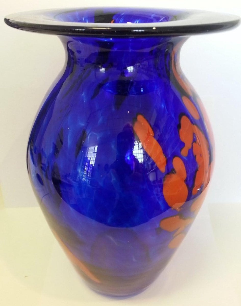 Mondgeblazen glazen vloervaas bolle vaas in oranje blauw - Hoogte: 24 cm