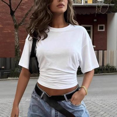 Lush Living Finds Ruched Crop Tee For Women Casual Summer Crew Neck Crop Top Streetwear white l