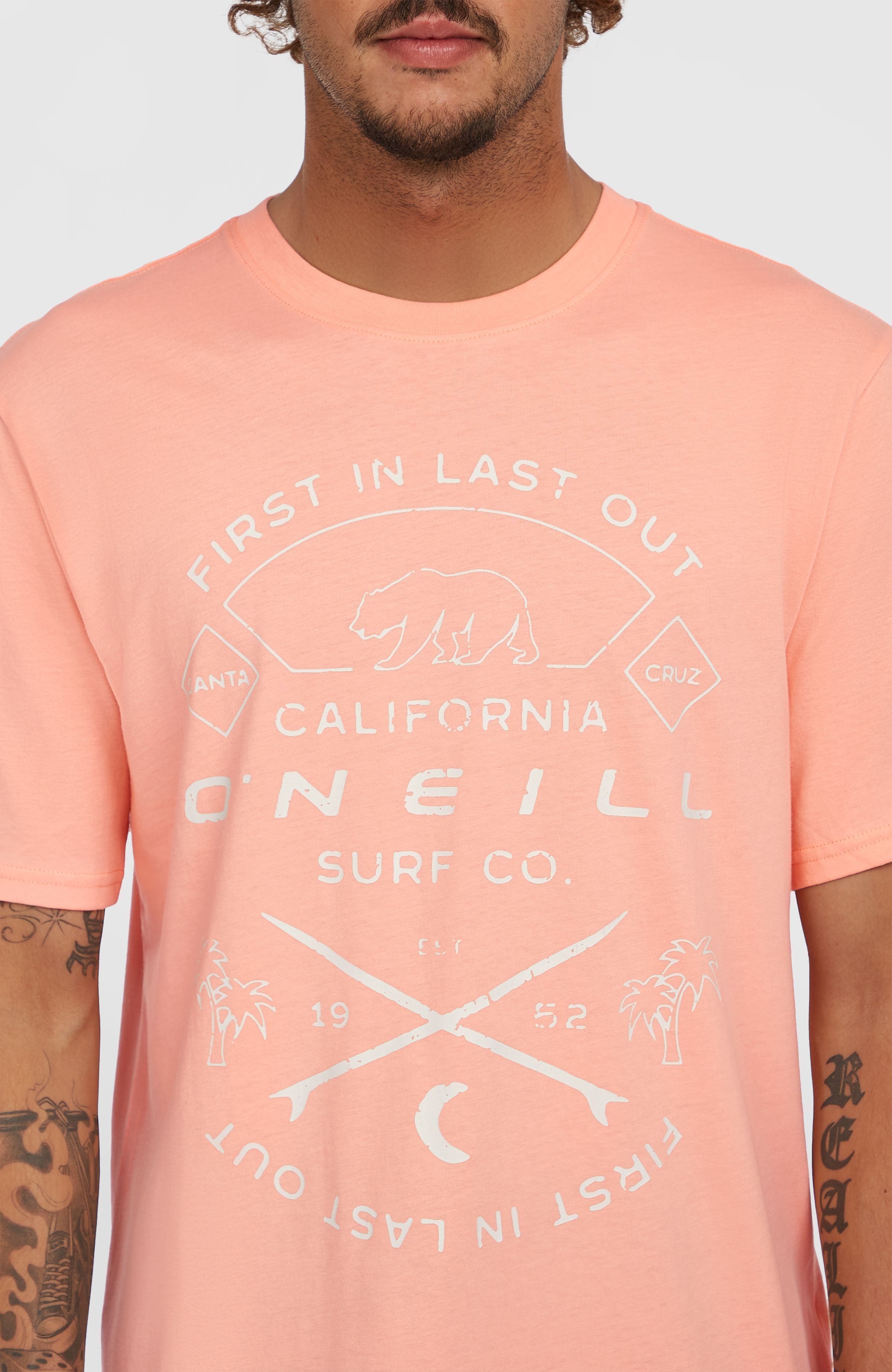 T-Shirt O'NEILL "JACK O'NEILL MUIR T-SHIRT", Herren, Gr. M, rosa (coral pop), Obermaterial: 100% Baumwolle, Rundhals, Shirts T-Shirt, mit auffälligem Branding auf der Vorderseite, Kurzarm-Design