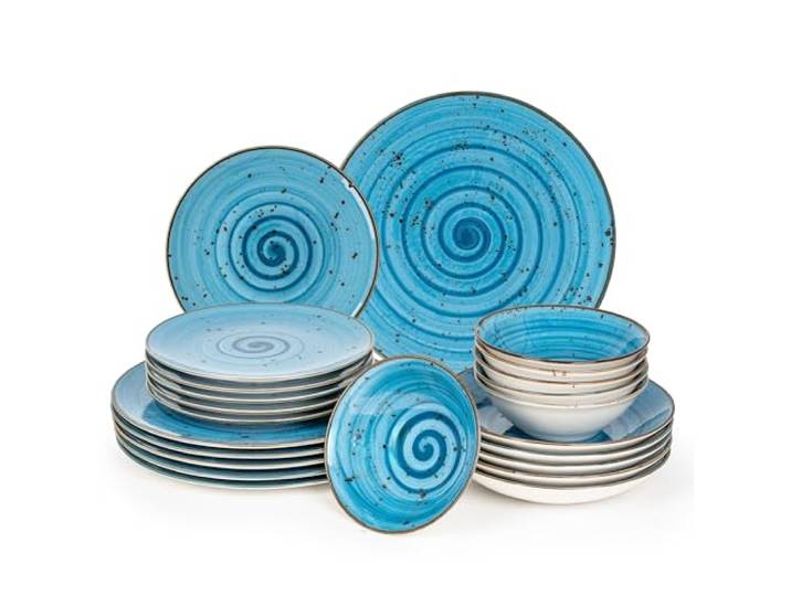 PORZELLAN Tafelservice Geschirrset 24-teilig handbemalt, kratzfest für 6 Personen 6x Essteller, 6x tiefe Suppenteller, 6x Dessertteller und 6x Schüsseln Blue Lagoon