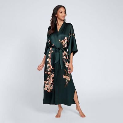 KIM + ONO Hand-Painted Silk Cherry Blossom Kimono Robe - Long   KIM+ONO - forest / one size