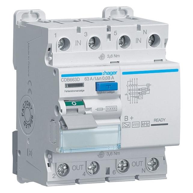 Hager CDB663D FI-Schutzschalter 4p 10kA 63A 30mA TypB+ (CDB663D)