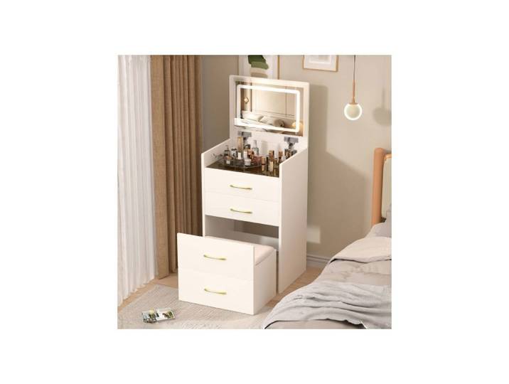 Coiffeuse 3-en-1 à miroir ouvert plateau verre transparent 3 tiroirs compacte 60x118x40 cm