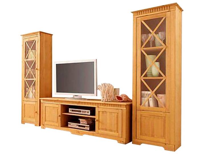 Wohnwand OTTO HOME Lisa , beige (natur gebeizt, gewachst), B:295cm H:180cm T:45cm, Massivholz, Kastenmöbel-Sets, Wohnwand, bestehend aus zwei Vitrinen und einem Lowboard, massives Kiefernholz