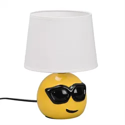 Nachttischlampe Keramik Tischlampe für Schlafzimmer Wohnzimmerlampe Tischlampe Modern, Emoji mit Sonnenbrille gelb, Textil weiß, 1x E14 Fassung, DxH 18x26 cm