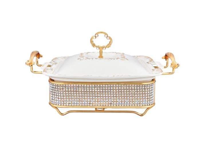 Buffet-Kocher aus Keramik mit Glasdeckel Chafing Dish mit offener Feuerheizung for Buffet, Party, Hochzeit, Hotelfrühstück(Blanc,2.8L)