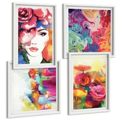 BILDER SET 4er Set - 50x50 cm & 40x60 cm Weißer Rahmen - Porträt von Blumen in intensiven Farben