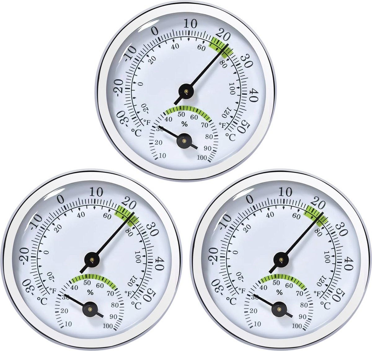 Set van 3 Analoge thermometer en hygrometer 2-in-1 mini temperatuur- en luchtvochtigheidsmeters, Ø 58 mm