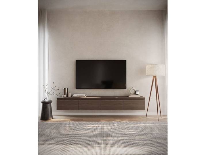 Meuble TV mural suspendu - SELSEY - BEMMI - 200 cm - 4 portes - Aspect noyer