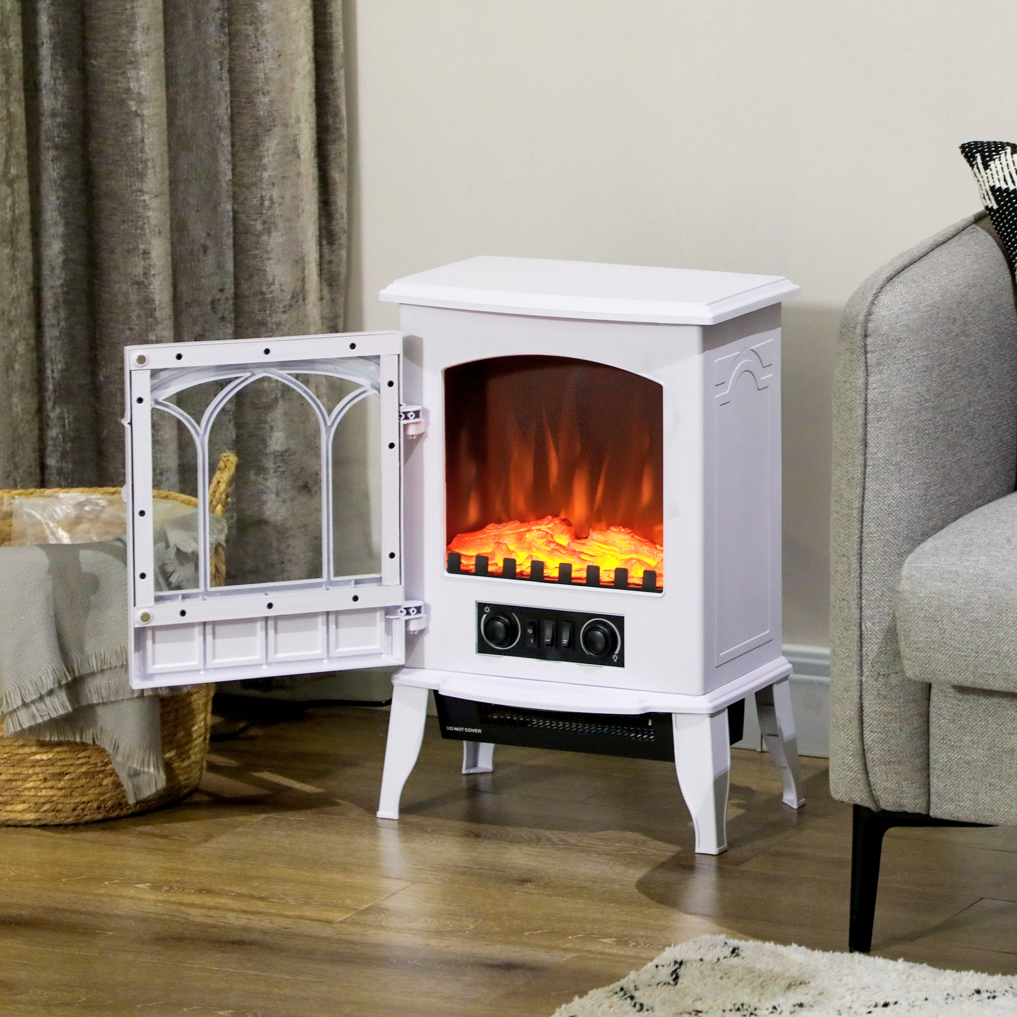 Homcom Camino da Terra Elettrico Potenza 1000W / 2000W con Effetto Fiamma Regolabile, 39x23x56.5cm, Bianco   Aosom Italy