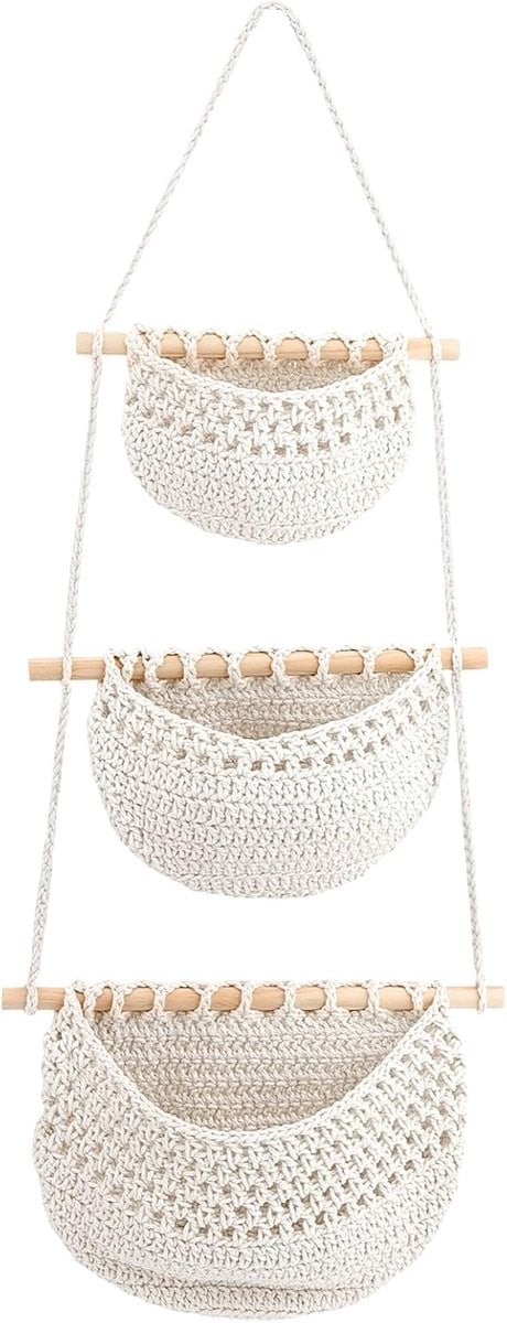 SnelShoppen Set van 3 Hanging Fruit Baskets - Boho Handgemaakte Woven Opbergmanden van Katoen voor Keuken, Badkamer en Woonkamer