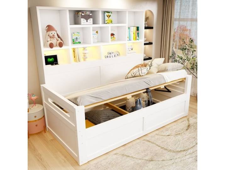Lit banquette - SOGEU - 90x200 Canapé-lit - Blanc bois - LED intégrée - Coffre hydraulique