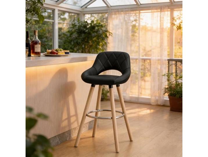 Chaise de bar - Noir - Cuir synthétique - Bois massif - Dimensions: 43x43 cm - Hauteur totale: 91 cm