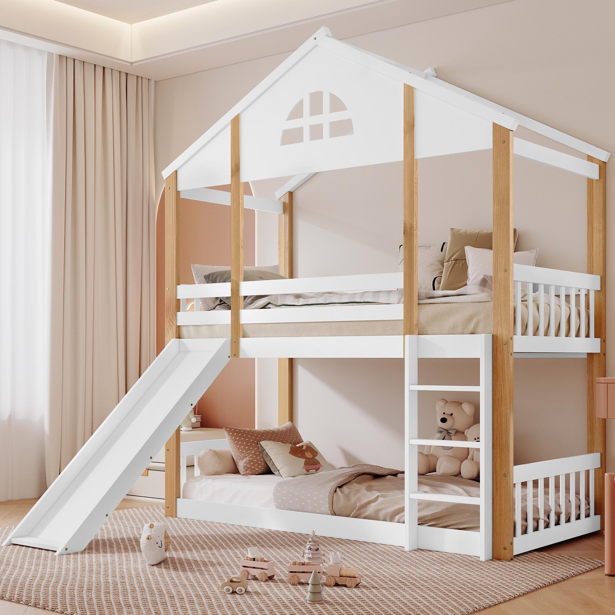 okwish Kinderbett Hochbett 90x200 cm mit Fenstern und dreistufige,Etagenbett mit Zäunen und Fallschutz,Bettrahmen mit Rutsche,Weiß+Natur