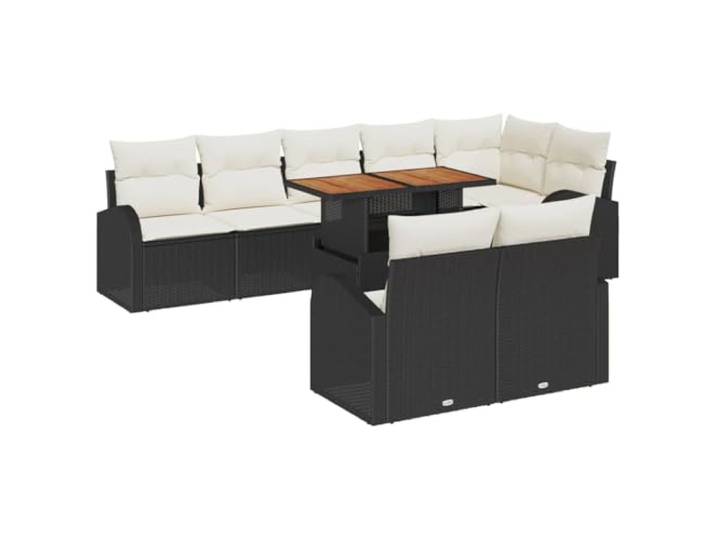 ZQQLVOO Garten-Sofa-Set 9 STK. Schwarz und Creme Poly-Rattan, pulverbeschichteter Stahl, Akazienholz-Tischplatte, abnehmbare Kissen, UV-beständig, Stauraum