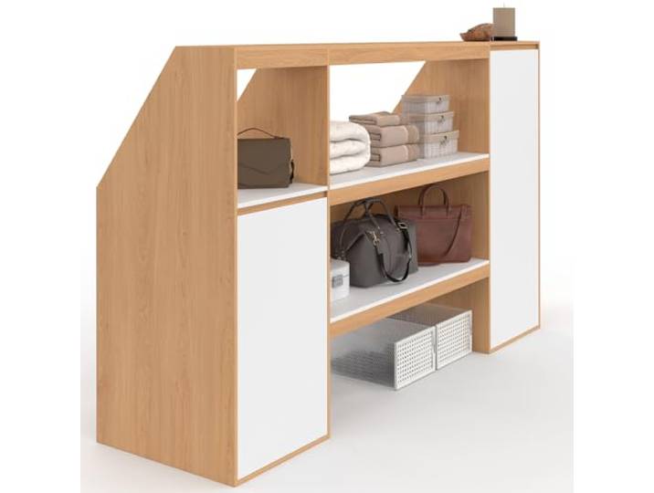 IDMarket - Set Regal 2 Ebenen, Schrank 1 Tür und Schrank 1 Tür + 1 Nische unter Dachschräge TOMI Buche und Weiß