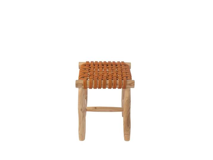 Tabouret en teck et assise tressée orange