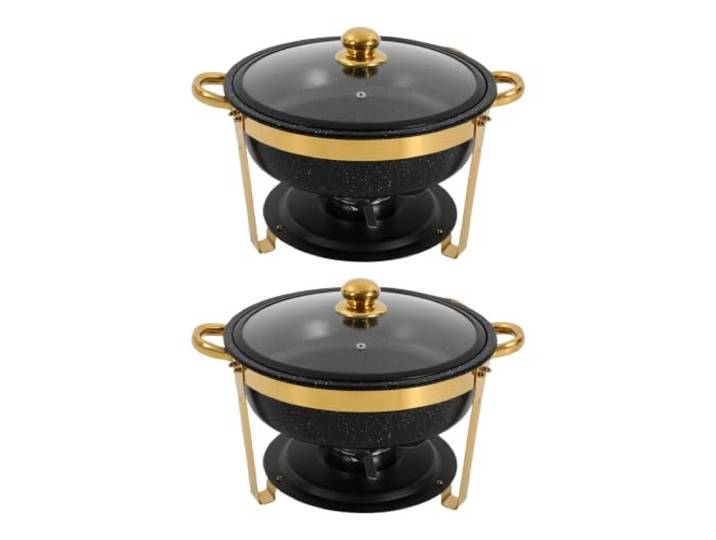 2er Set Runder Edelstahl Speisenwärmer, 5.68L Chafing Dish mit Glasdeckel Stapelbarer Buffetwärmer Warmhaltebehälter Grillgut Antihaft, Einfach zu Reinigen, ideal für Party,Hochzeit und Familienfeier