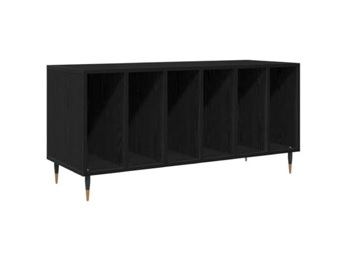 GHVBNMF Schallplattenschrank Schwarz Eichen-Optik 100x38x48 cm 6 offene Fächer bieten im Wohnzimmer strukturierte Ordnung für Alben, Bücher und Deko mit stabilen konischen Stahlbeinen.