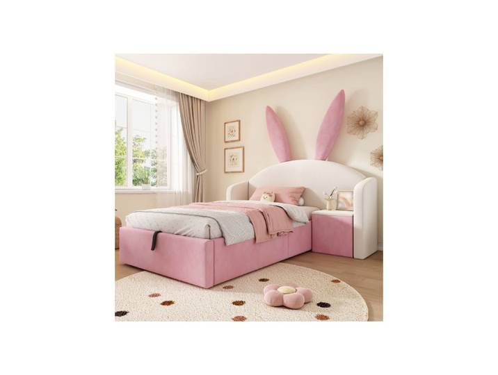 Lit Coffre - WESTYLE - Oreilles de lapin - 90x200 cm - Velours beige et rose - Grand coffre hydraulique
