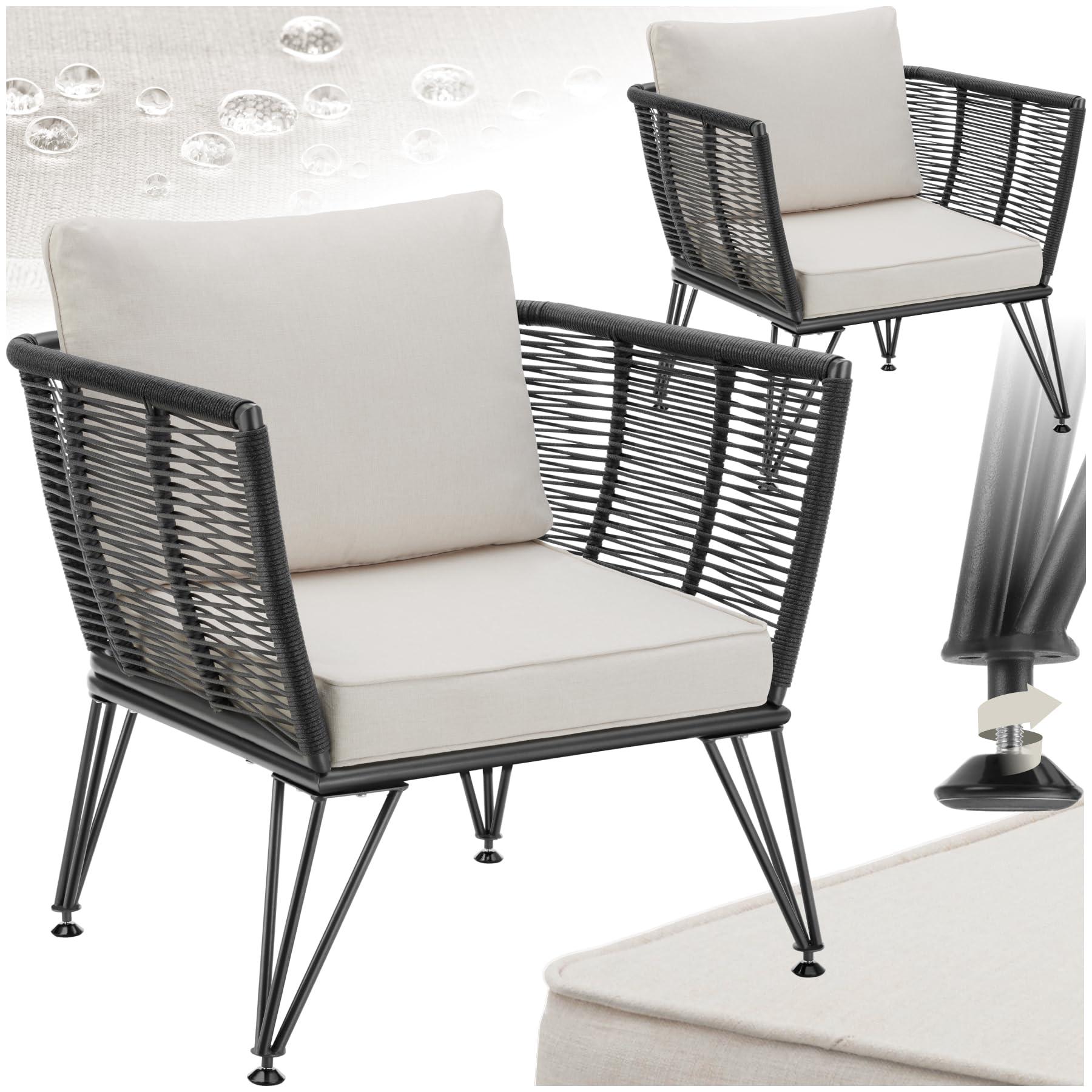 Famanu - 2er Set Loungesessel für Garten oder Balkon, Wicker-Design, wetterfest mit Kissen, ideal für den Außenbereich
