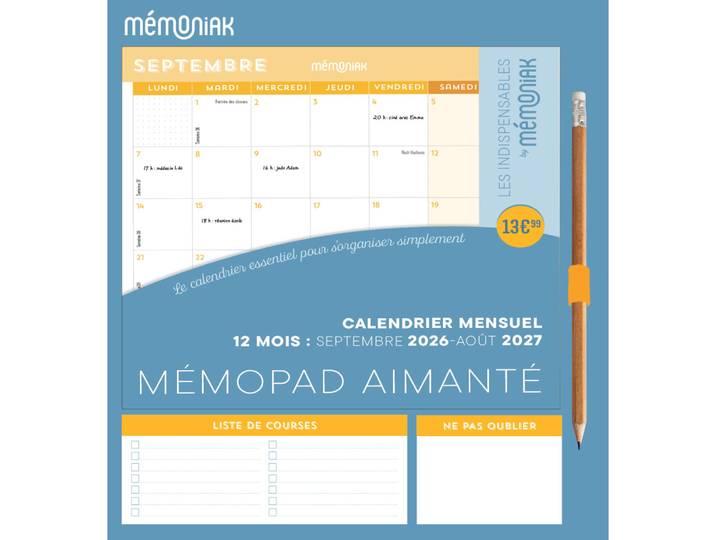 Mémopad, calendrier mensuel aimanté Mémoniak 2027 - mes indispensables : 12 mois, de septembre 2026 à août 2027 (Broché)