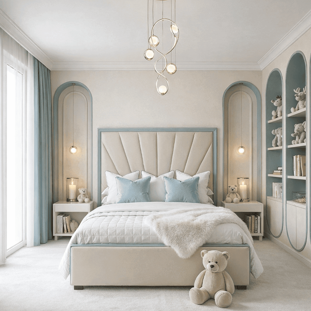 Barcelona Cream & Blue Sunburst Bed, Emperor / No Storage