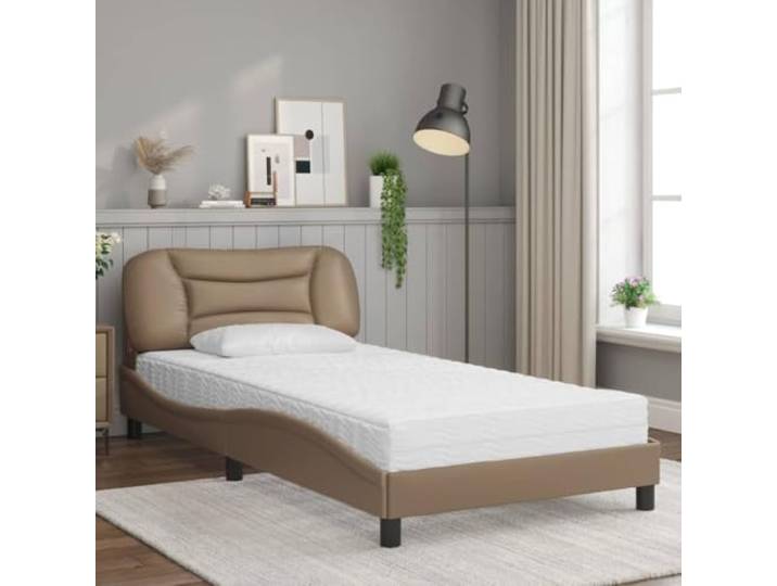 KTHLBRH Bett mit Matratze Hvar Cappuccino 100 x 200 cm Kunstleder Lattenrost inklusive, PU-Schaum 22D, doppelte Härte H2 H3, gewelltes Design
