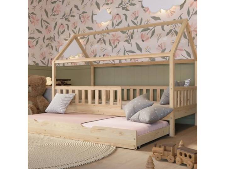 Crazy Pine Montessori Hausbett mit Ausziehbett Crazy Blanco 100x200 cm Nat. Ausziehbares Gästebett auf Rollen – schafft im Handumdrehen einen zweiten Schlafplatz.
