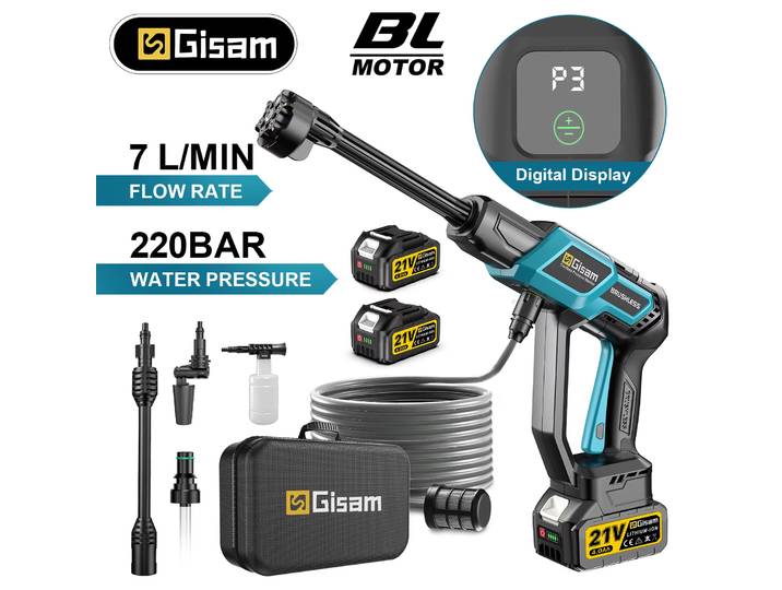 Pistolet de lavage haute pression électrique sans balais Gisam 220 bars, 3 vitesses, pour le lavage domestique et automobile, compatible avec batterie Makita 18V