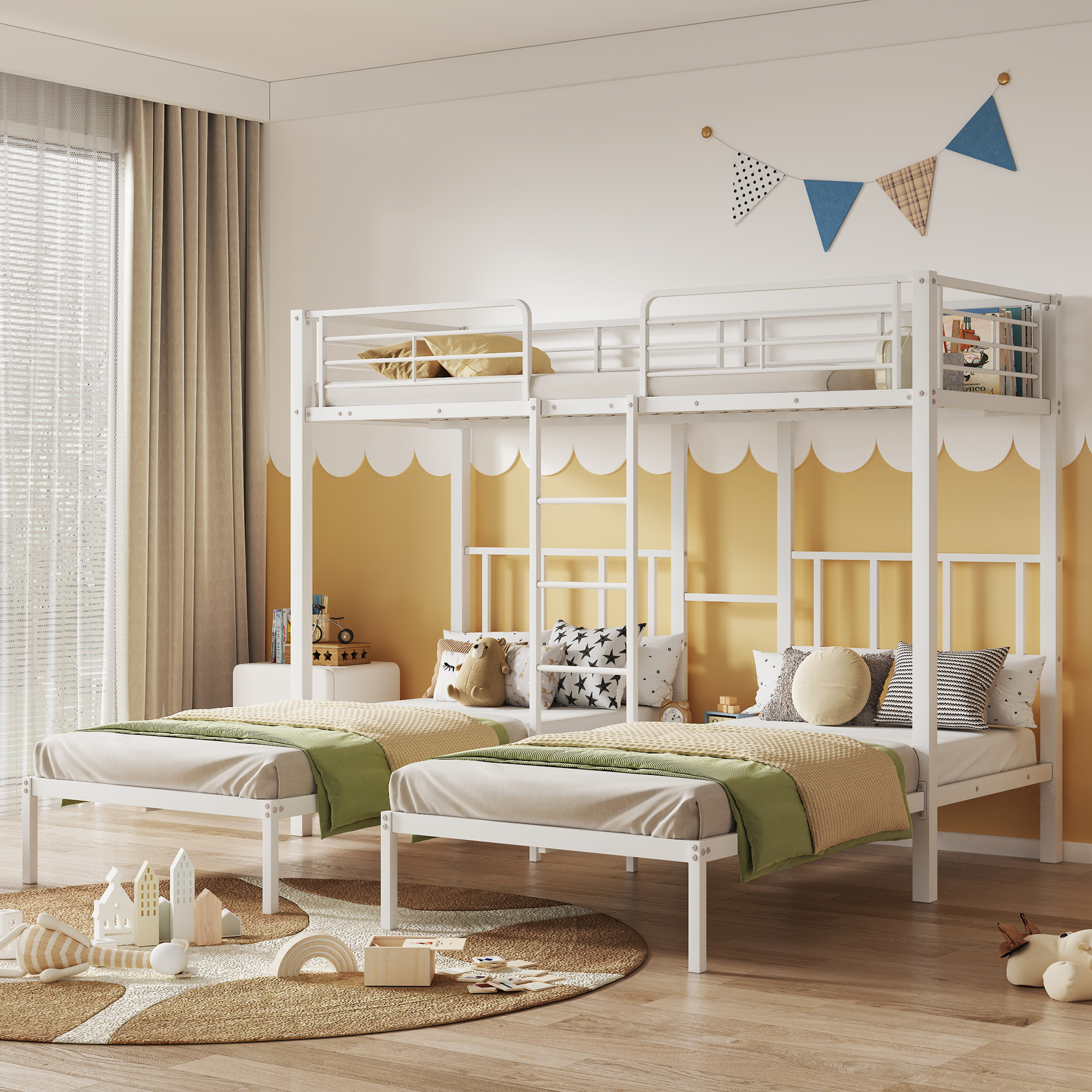 Sweiko Dreierbett, Dreifaches Etagenbett mit Leiter für Kinder und Jugendliche, Eisenbett mit Fallschutzgitter und Tisch,weiß 90x200cmx3
