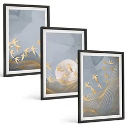 BILDER SET 3er Set - 40x60 cm Schwarzer Rahmen - Vögel, die am Himmel fliegen