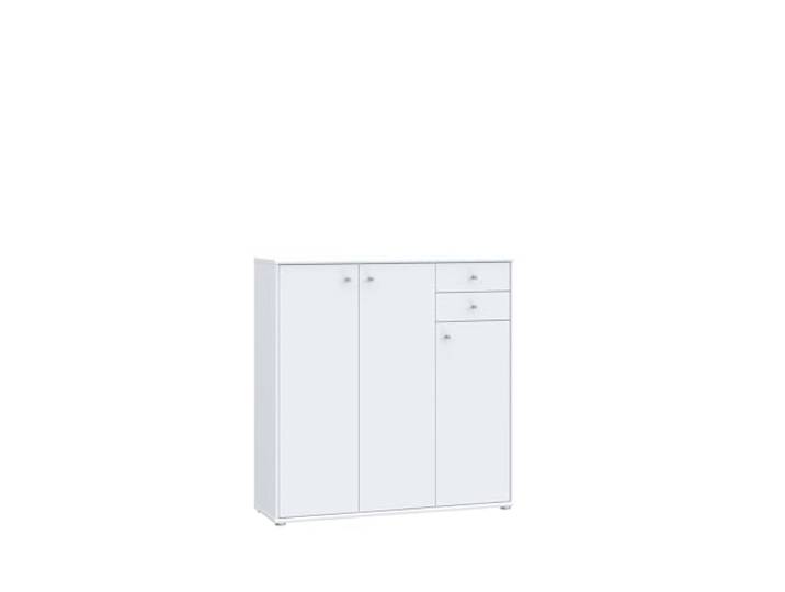 möbelando Sideboard >TEMPRA2< in Weiß bietet mit 108,8 cm Breite, 111,1 cm Höhe und 34,8 cm Tiefe großzügigen Stauraum. Sie verfügt über 3 Türen, 2 Schubladen und 4 Einlegeböden.