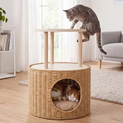 Katzenbett MCW-Q59, Katzenhöhle mit Kletterbereich Plattform Katzenkorb/-möbel Holz MVG 50x39x39cm ~ natur, Kissen beige