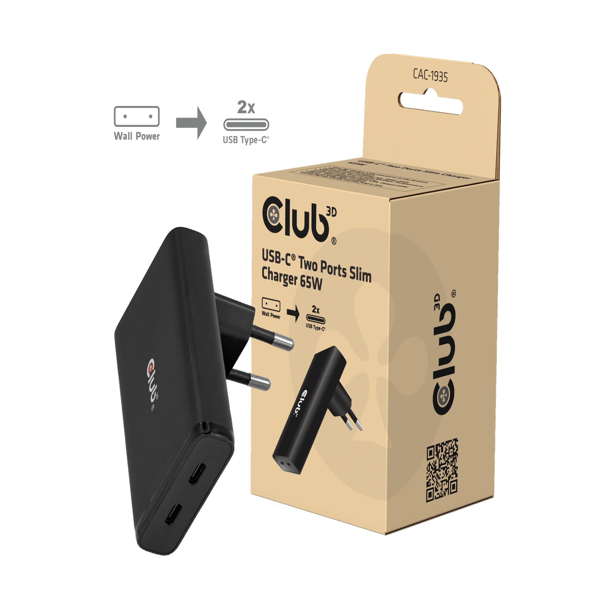 Club3D CAC-1935 Slim-Ladegerät, 2x USB-C, 65W PD 3.1, GaN, PPS