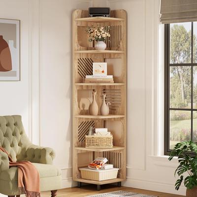YUZHOU 6-Tier Narrow Corner Shelf Stand, 71-Inch Rustic Tall Corner Bookshelf