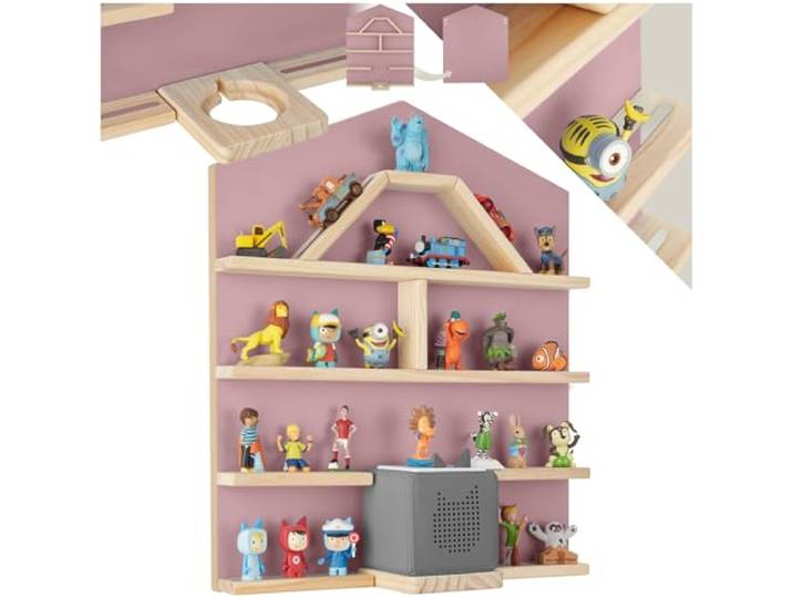 tectake® Holz Regal mit Magnetstreifen für Wand Montage, Wandregal für's Kinderzimmer, Aufbewahrung Musikbox, für Tonies Tonie Hörfiguren und Toniebox - pink