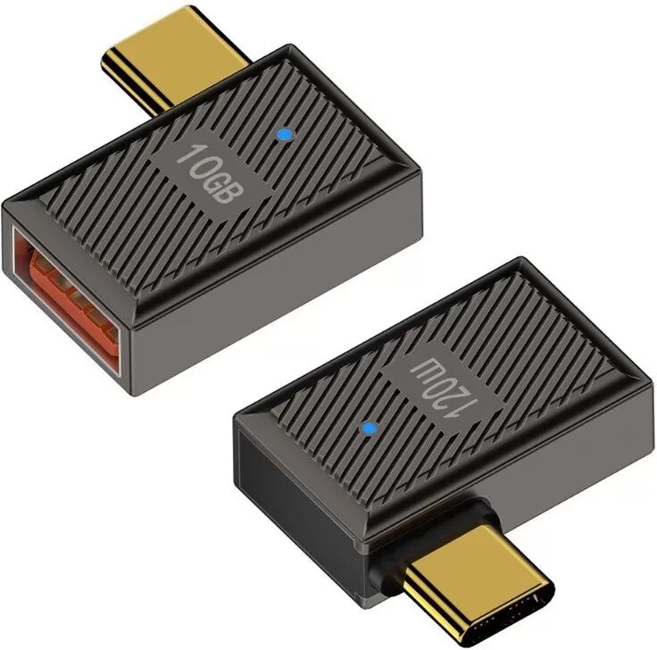 INF USB A Buchse auf USB C Stecker Adapter 120W mit Kontrollleuchte, Zinklegierung, Seitenbiegung