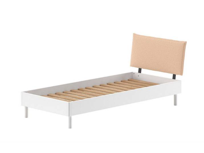58 aufm Kessel Kinderbett Einzelbett 90x200 Keeley Buche Bett Weiß Massivholz Polsterkopfteil (inkl. Versand, Lieferung bis Verwendungsstelle), Futonbett mit modernem Bouclé Polsterkopfteil in Beige