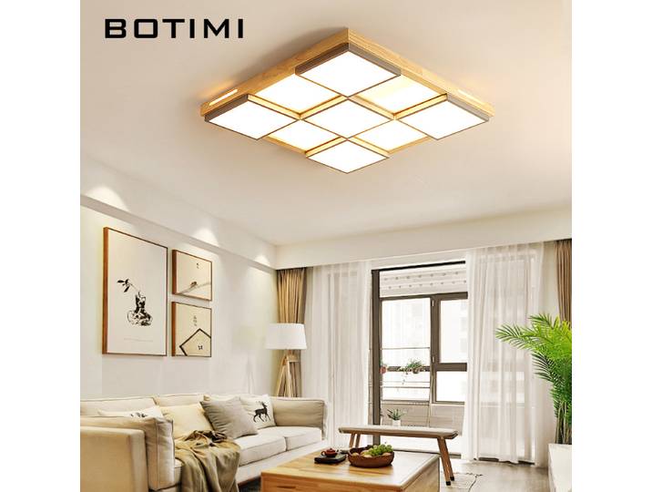 BOTIMI carré LED plafonniers avec télécommande pour salon moderne en bois massif gris métal chambre lampe Surface montée lumière