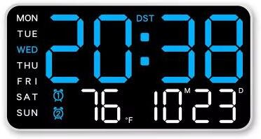 Inspire Select Large LED Digital Wall Clock USB Powered Remote Control With Temperature, Date & Week Display + Dual Alarm Feature white blue