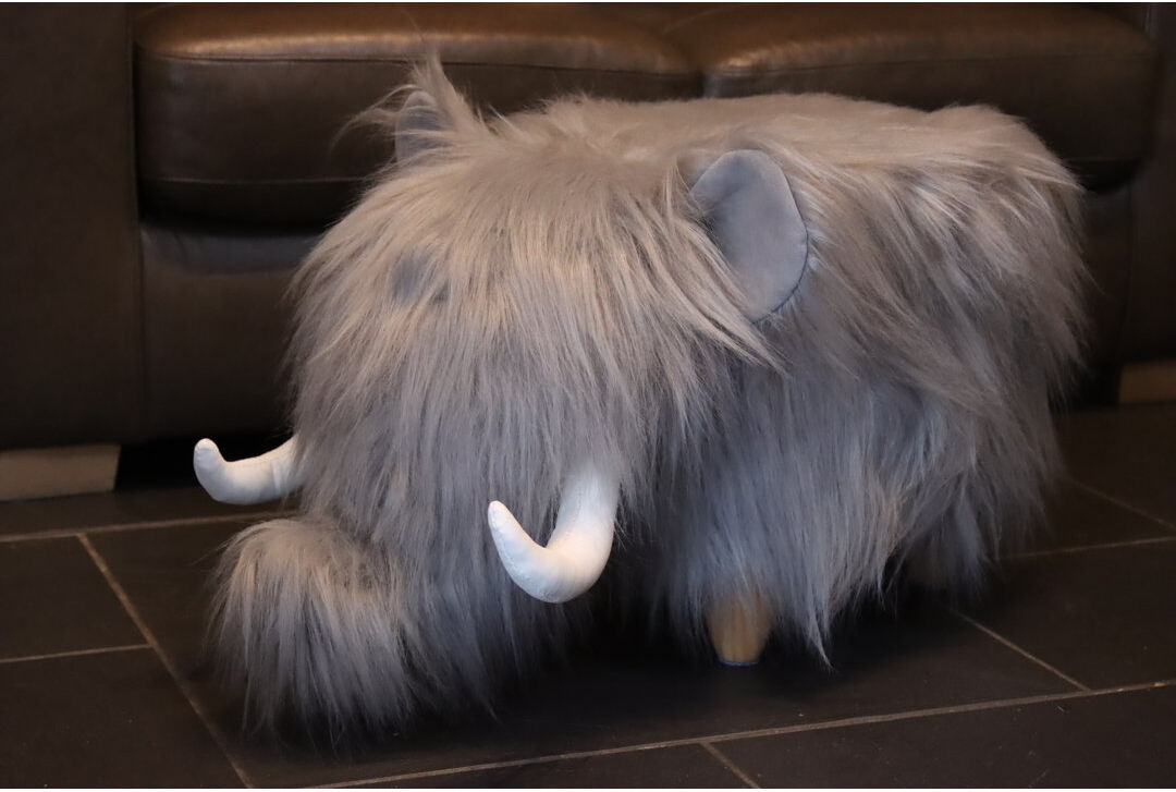 Gardeco Tundra the Woolly Mammoth synthetic fur footstool with wooden legs Grey 36cm H X 33cm W X 70cm D