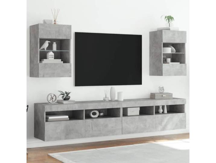 Meuble TV mural - SALUTUYA - BD2980 - Gris béton - 2 compartiments - Étagère en verre