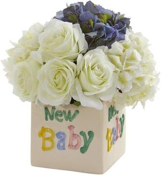Nearly Natural "11"" Rose and Hydrangea Artificial Arrangement in ""New Baby"" Vase"