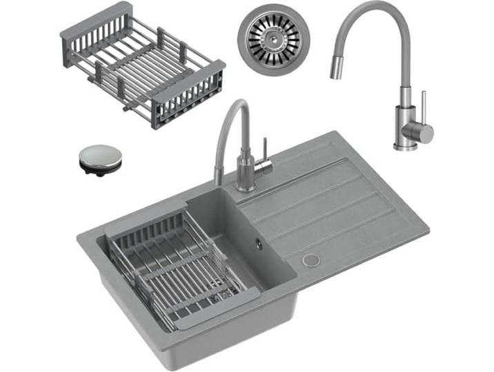 myQ Spülbecken Granitspüle Küche Größe: 77 x 44 x 17,5 cm, Farbe: Beige SEUL 11 Küchenspüle Einbeckenspüle Set: Granitspüle + Missouri-Küchenarmatur + Korb Schrank ab 50 cm